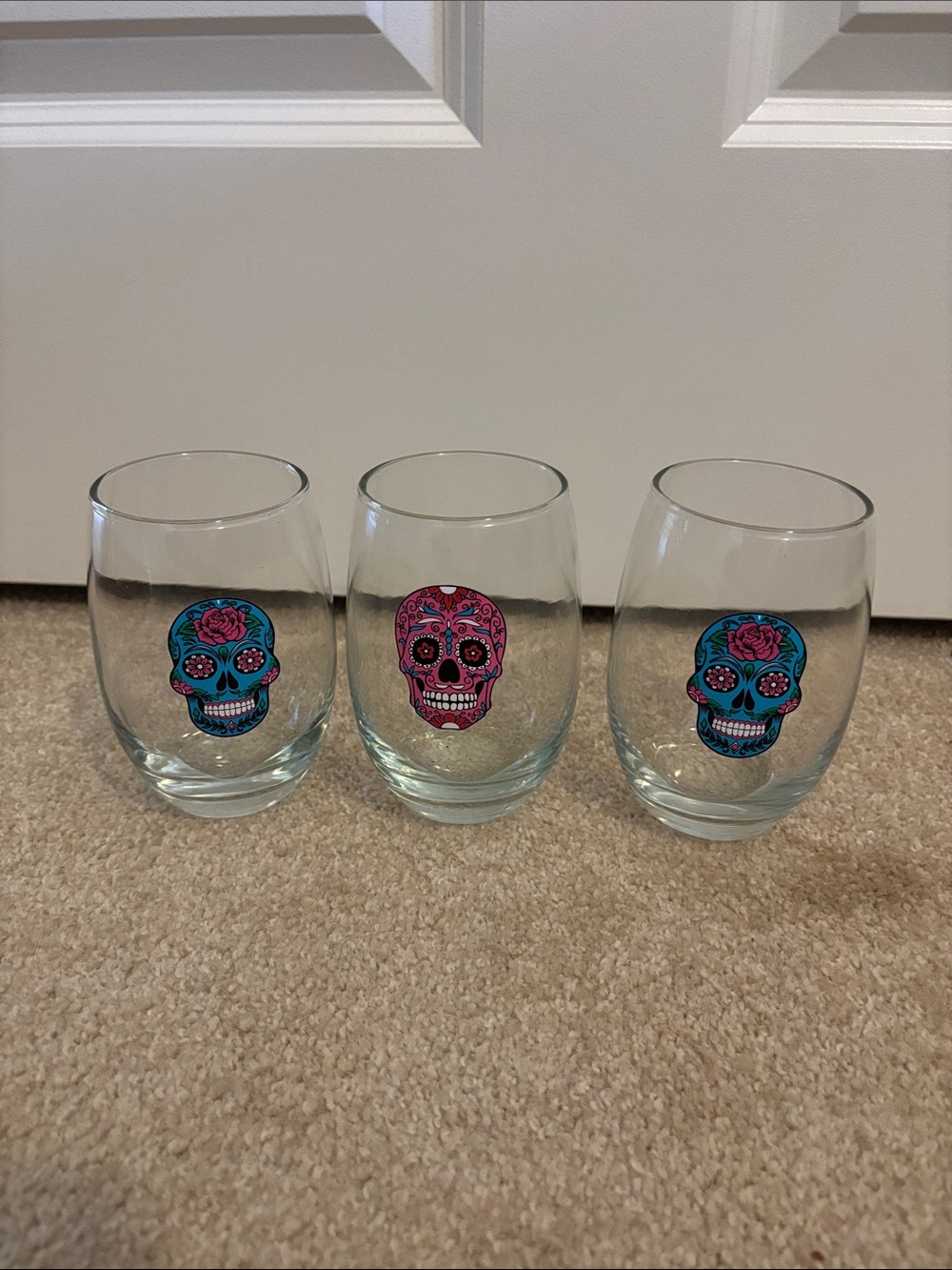 Day of the Dead Set of 3 Stemless Wine Glasses